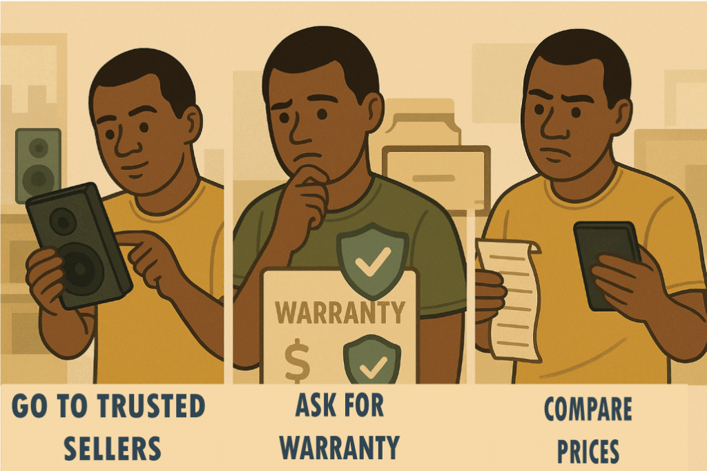 illustration showing what you should do when buying used electronics in Uganda